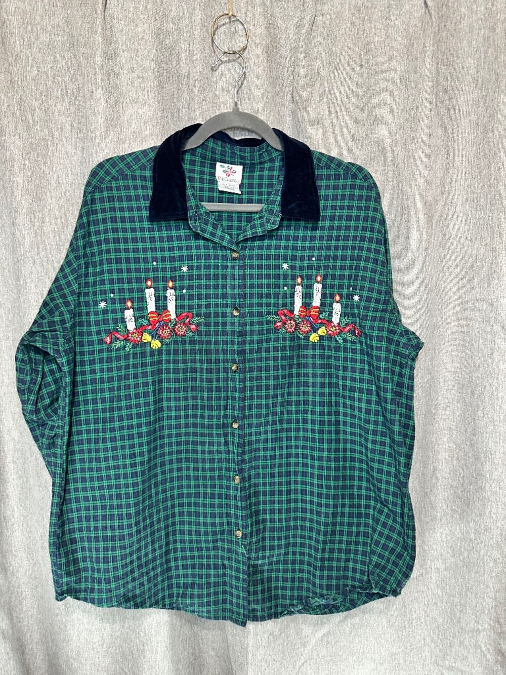 Vintage Nutcracker Christmas Embroidered Plaid Shirt Velvet Collar Large